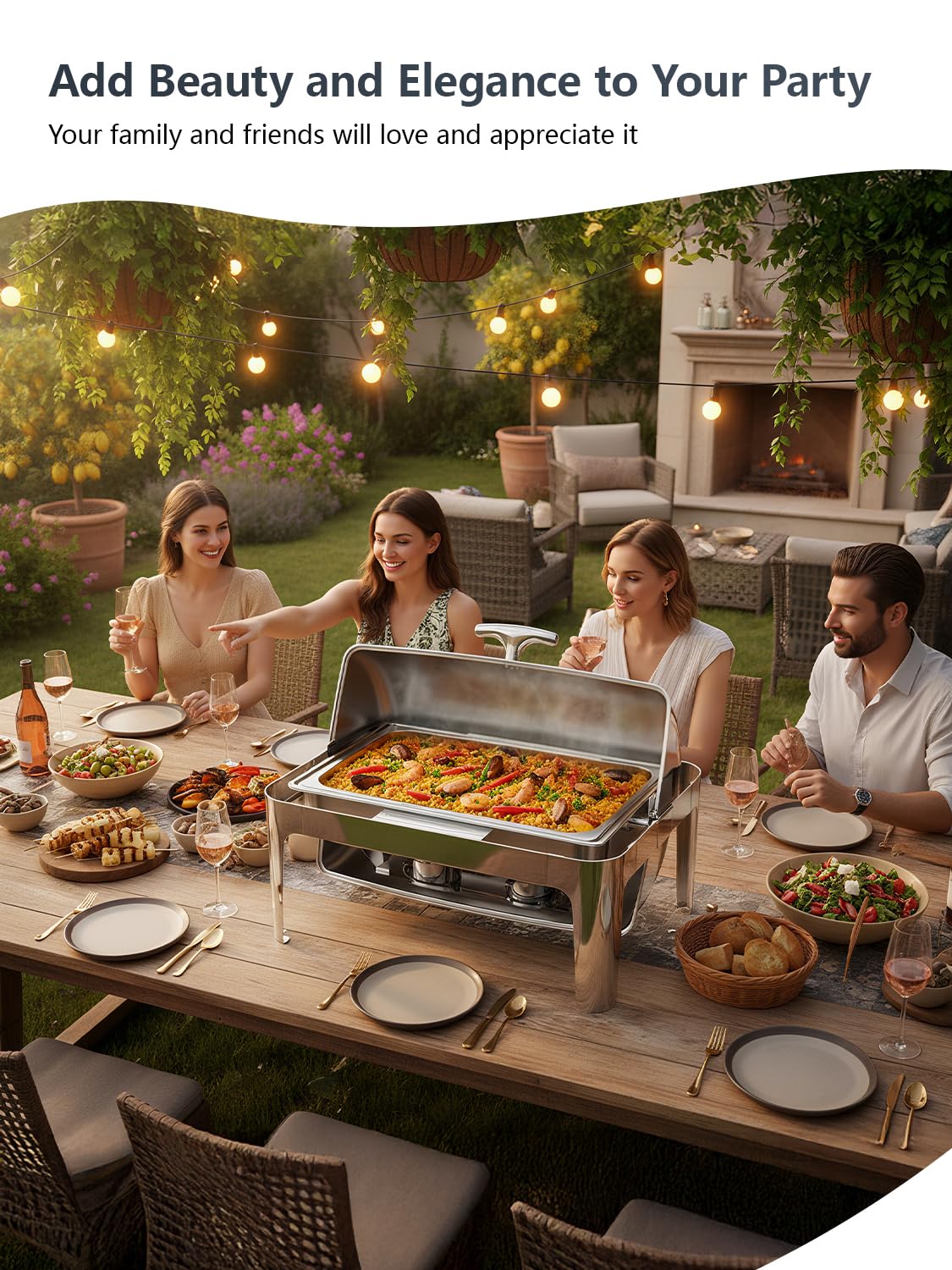Granvell 13QT roll-top chafing dish water pan offers ample heat capacity.