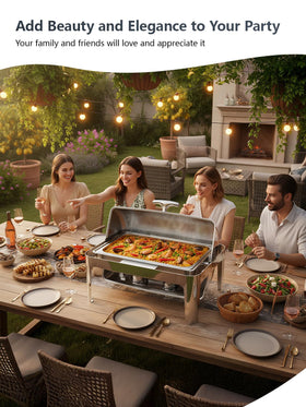 Granvell 13QT roll-top chafing dish water pan offers ample heat capacity.