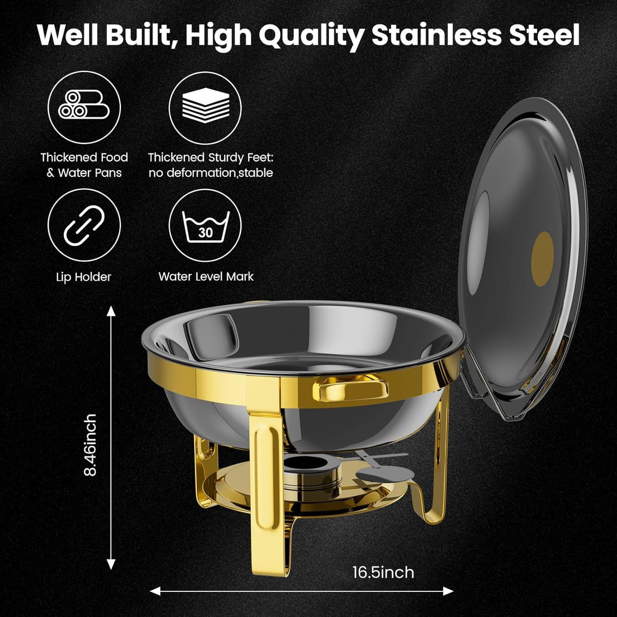 Granvell gold-finish chafers add elegant ambiance to gatherings
