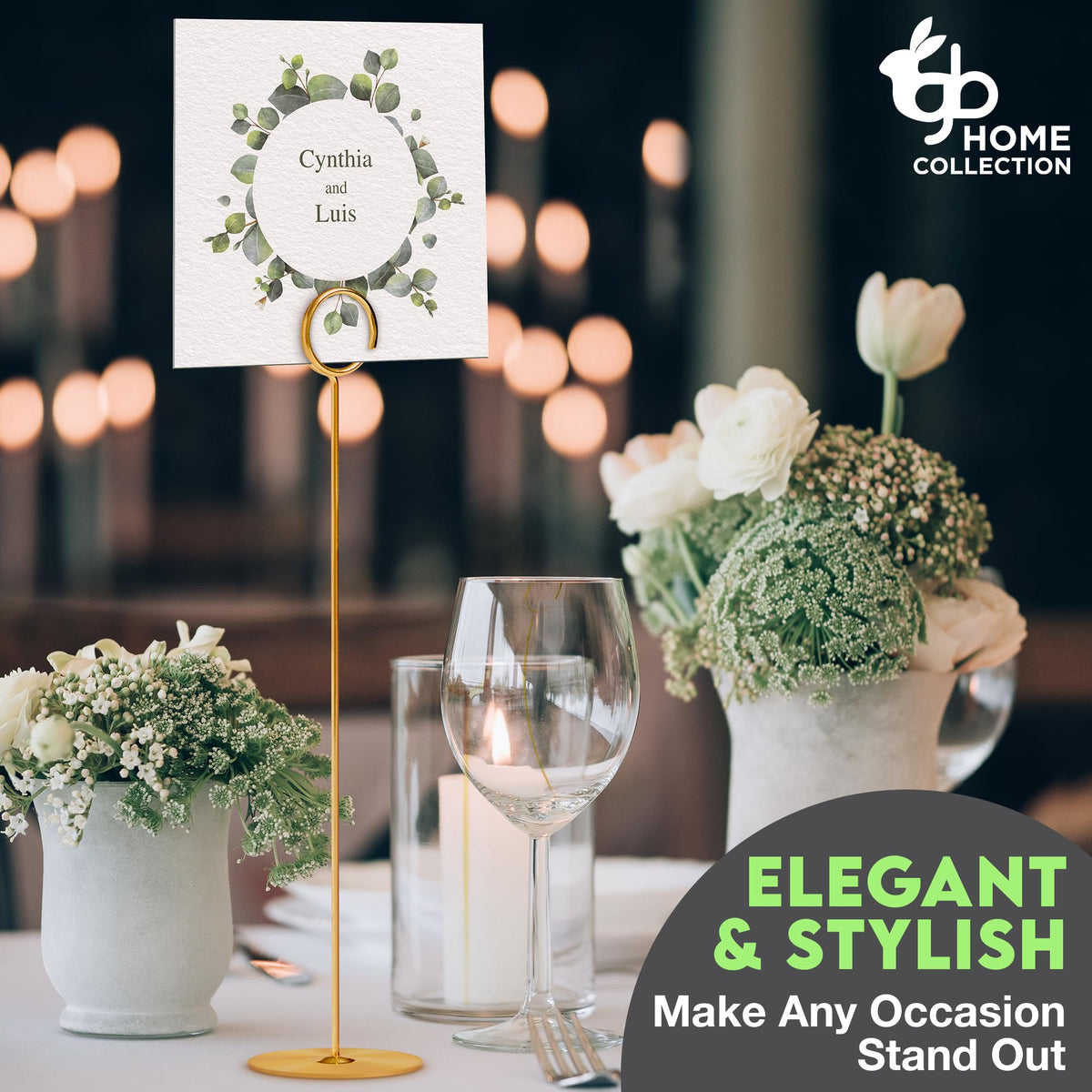 Gray Bunny dining centerpiece stand in gold enhances formal table aesthetics.