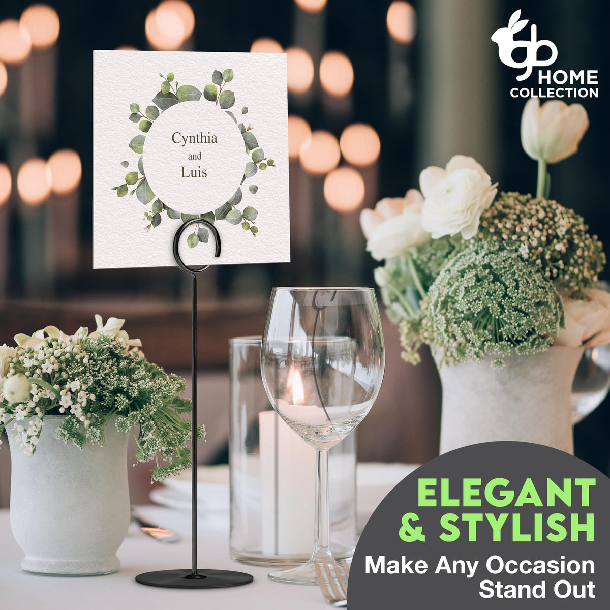 Gray Bunny wedding banquet stand adds refined decor while organizing table signs.