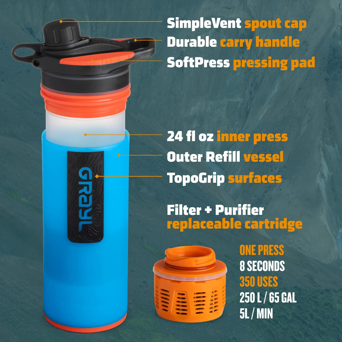 GRAYL GeoPress Bali Blue water pour in action for quick hydration.