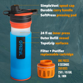 GRAYL GeoPress Bali Blue water pour in action for quick hydration.