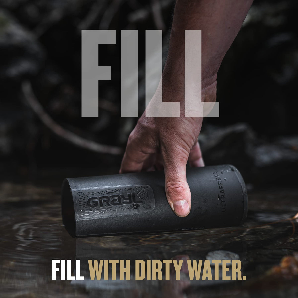 GRAYL UltraPress cartridge in use promoting dependable water purification on adventures.