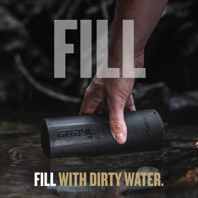 GRAYL UltraPress cartridge in use promoting dependable water purification on adventures.