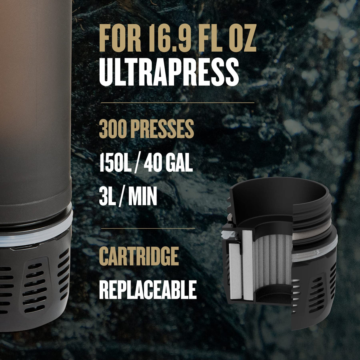 GRAYL UltraPress replacement purifier cartridge packaging highlighting long shelf life.