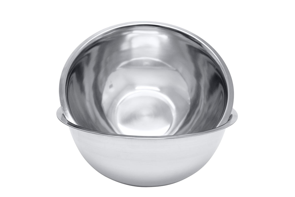 Great Credentials 8 Quart mixing bowls set of two in polished stainless steel for large-batch prep.