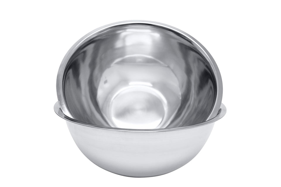 Great Credentials 8 Quart mixing bowls set of two in polished stainless steel for large-batch prep.