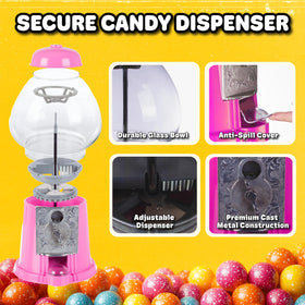 Great Northern Popcorn pink gumball machine dispenses gumballs and jellybeans.