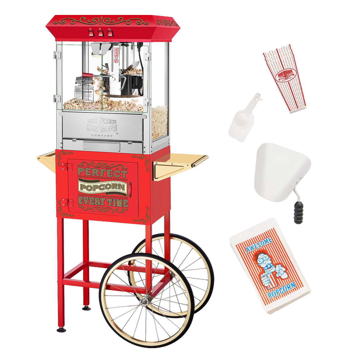 Great Northern Perfect Popper 5995 front view with red cart, ideal for parties