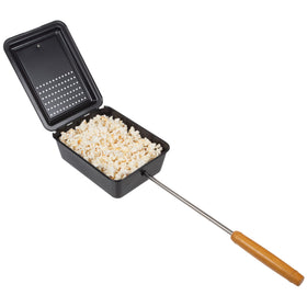Great Northern Popcorn campfire popper with wood handle for safe outdoor popping