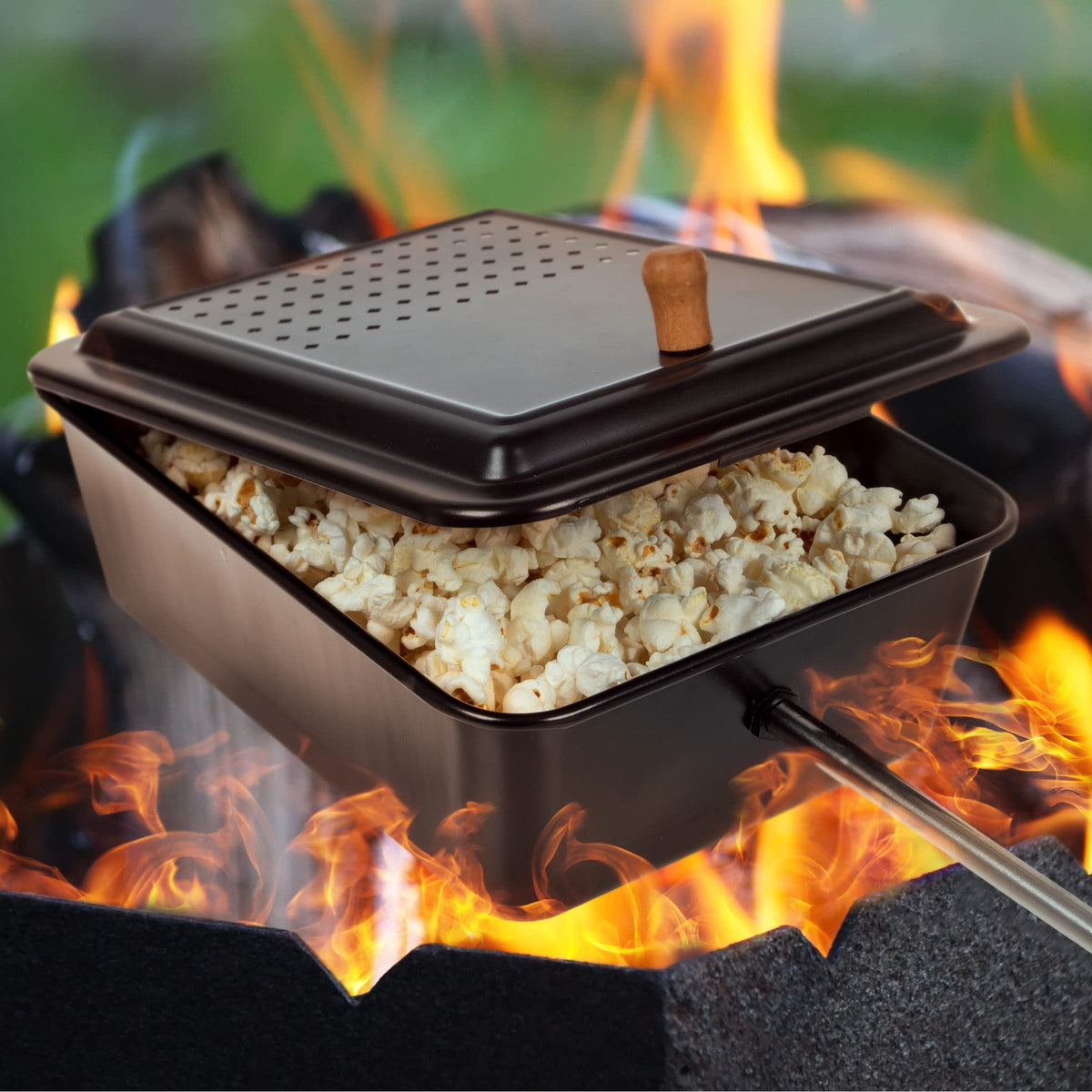 Great Northern Popcorn campfire popper in black design for outdoors