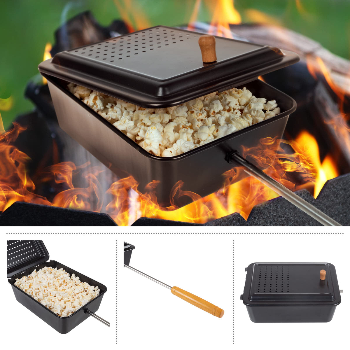 Great Northern Popcorn campfire popper easy-open hinged lid for fast batches