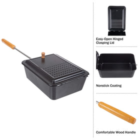 Great Northern Popcorn campfire popper with long wood handle keeps hands safe