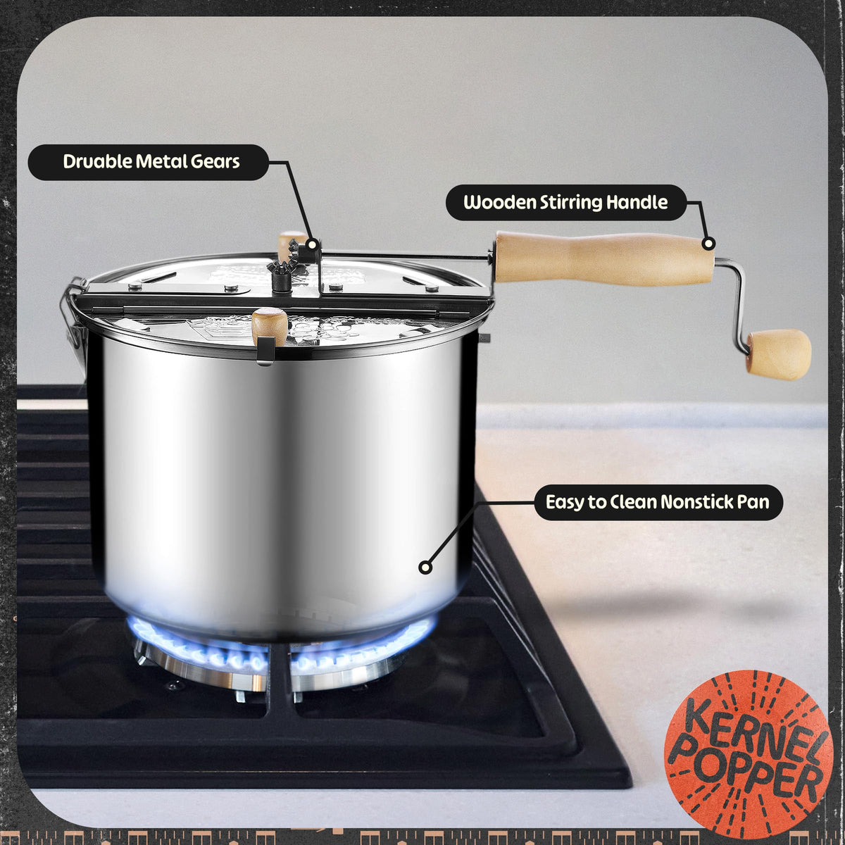 Stir paddle and hand crank on Great Northern Popcorn stovetop popper