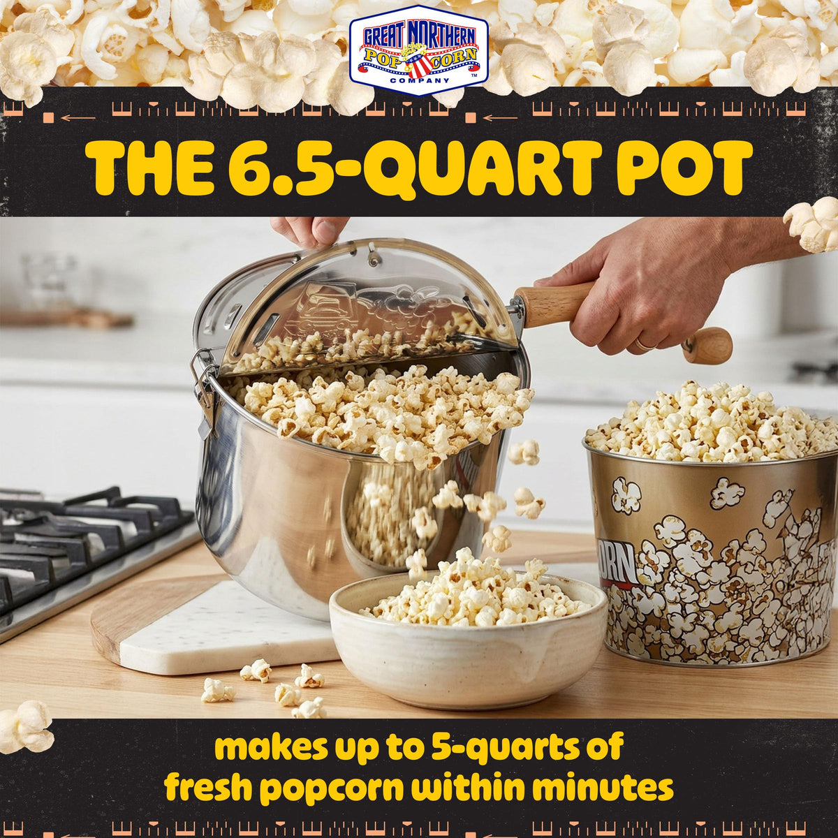 Vented lid on Great Northern Popcorn stovetop popper for crisper popcorn