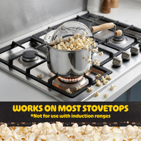 Wooden cool-touch handle on Great Northern Popcorn stovetop popper