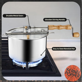 Great Northern Stovetop Popcorn Maker side view showing even heating and easy stirring