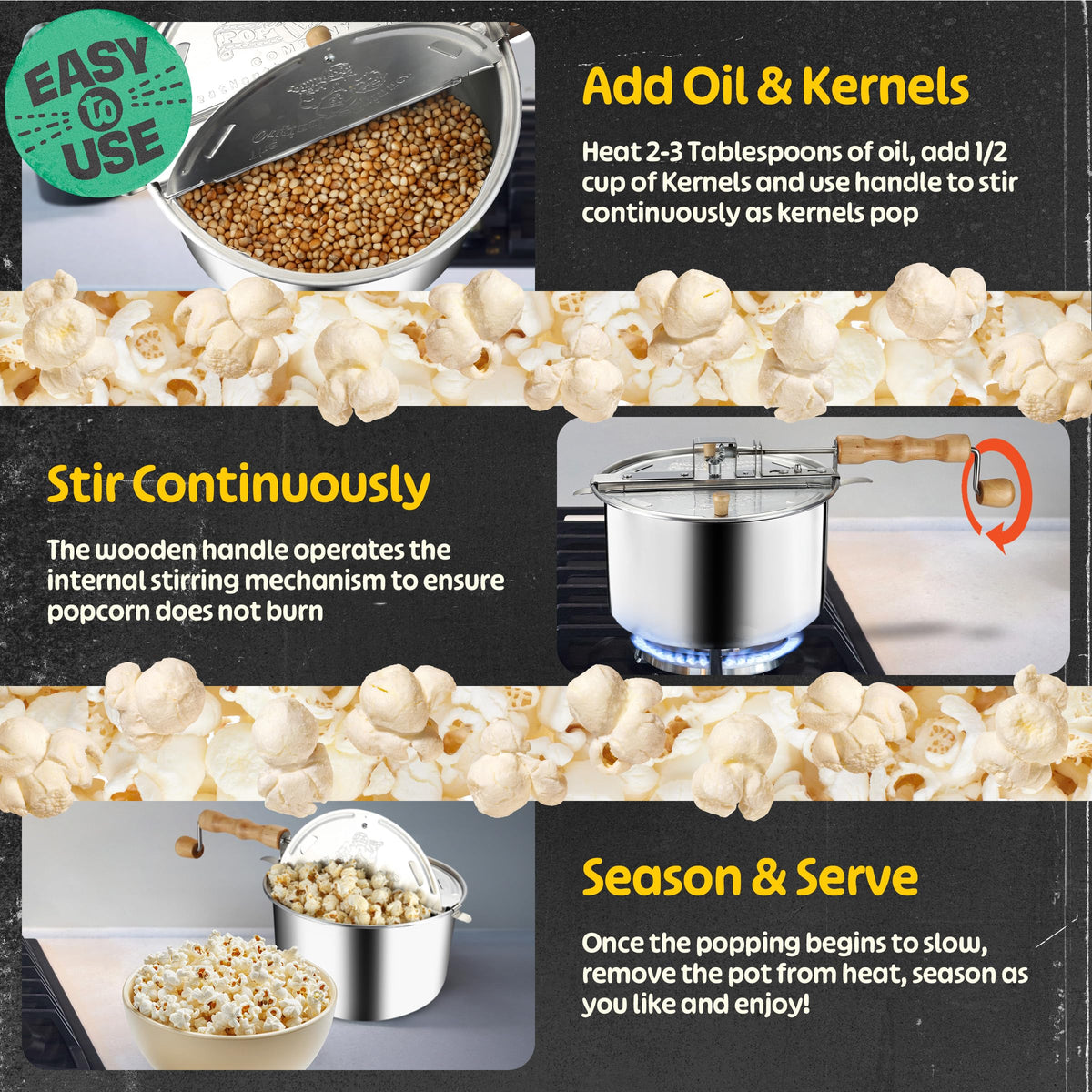Great Northern Stovetop Popcorn Maker wooden-handle detail highlights stay-cool grip