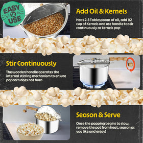 Great Northern Stovetop Popcorn Maker wooden-handle detail highlights stay-cool grip
