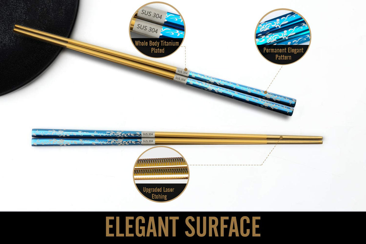 Greatamzor blue and gold titanium plated chopsticks on display