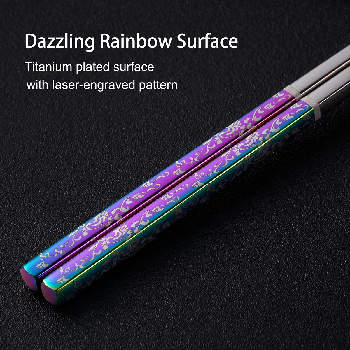 Greatamzor rainbow finish chopsticks showing durable titanium plating and shine.