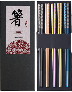 Greatamzor metal chopsticks with multicolor titanium finish for durable reuse.
