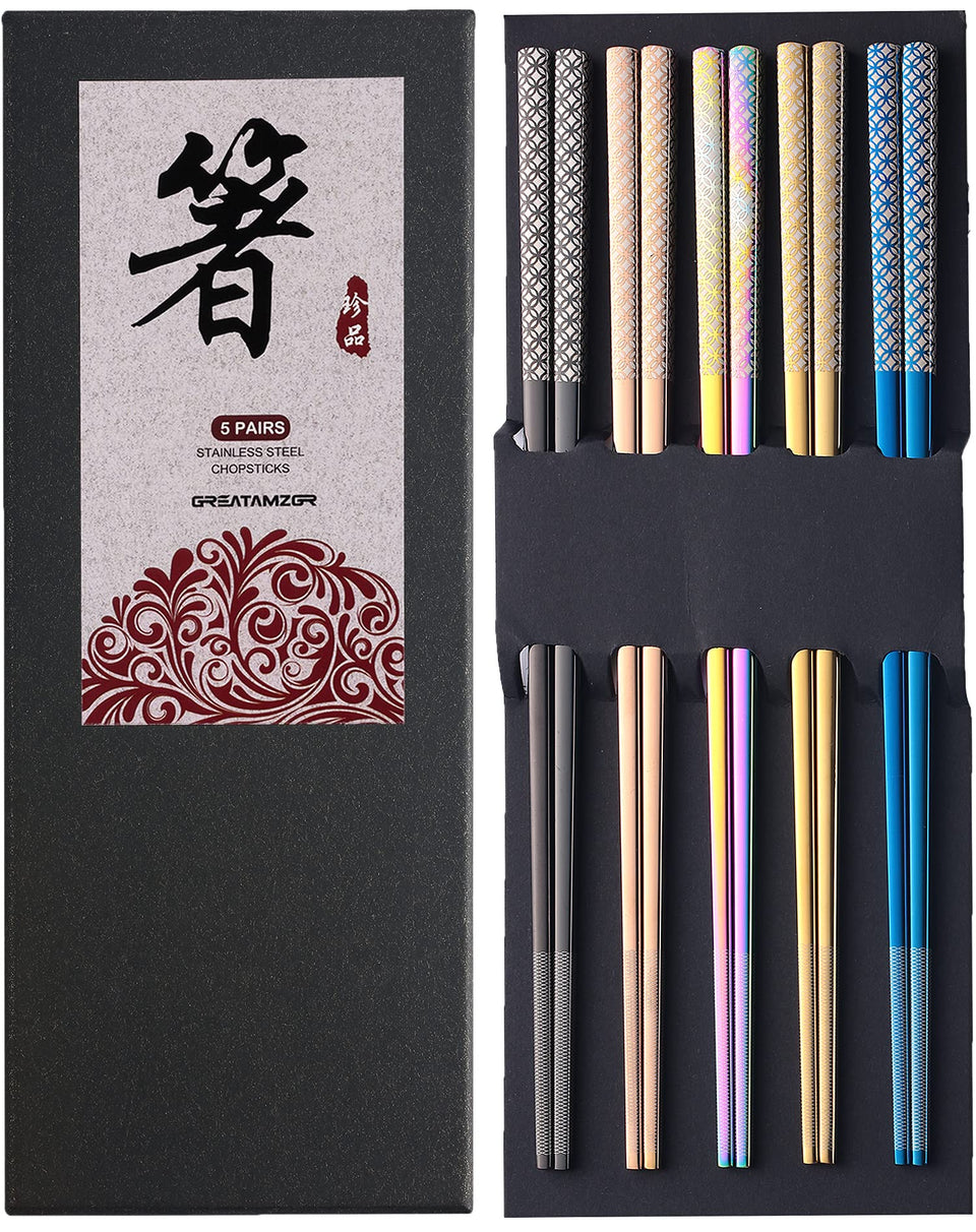 Greatamzor metal chopsticks with multicolor titanium finish for durable reuse.