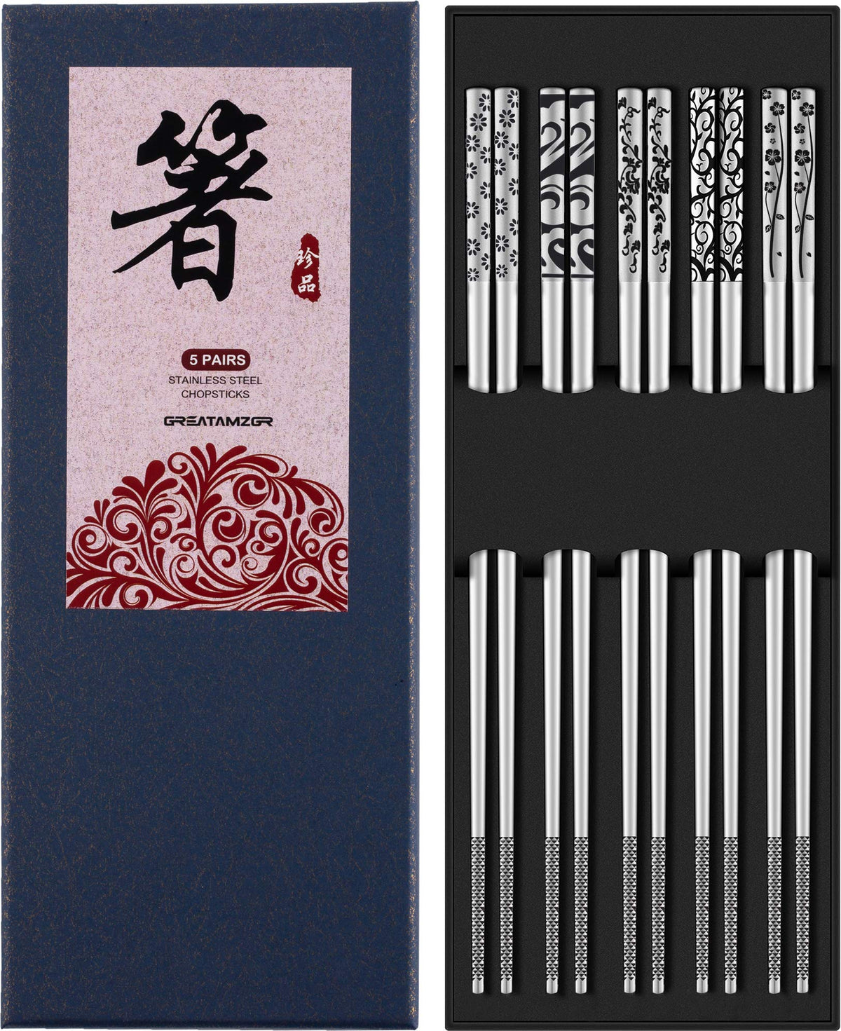 Greatamzor metal chopsticks with square engraved pattern for stylish dining