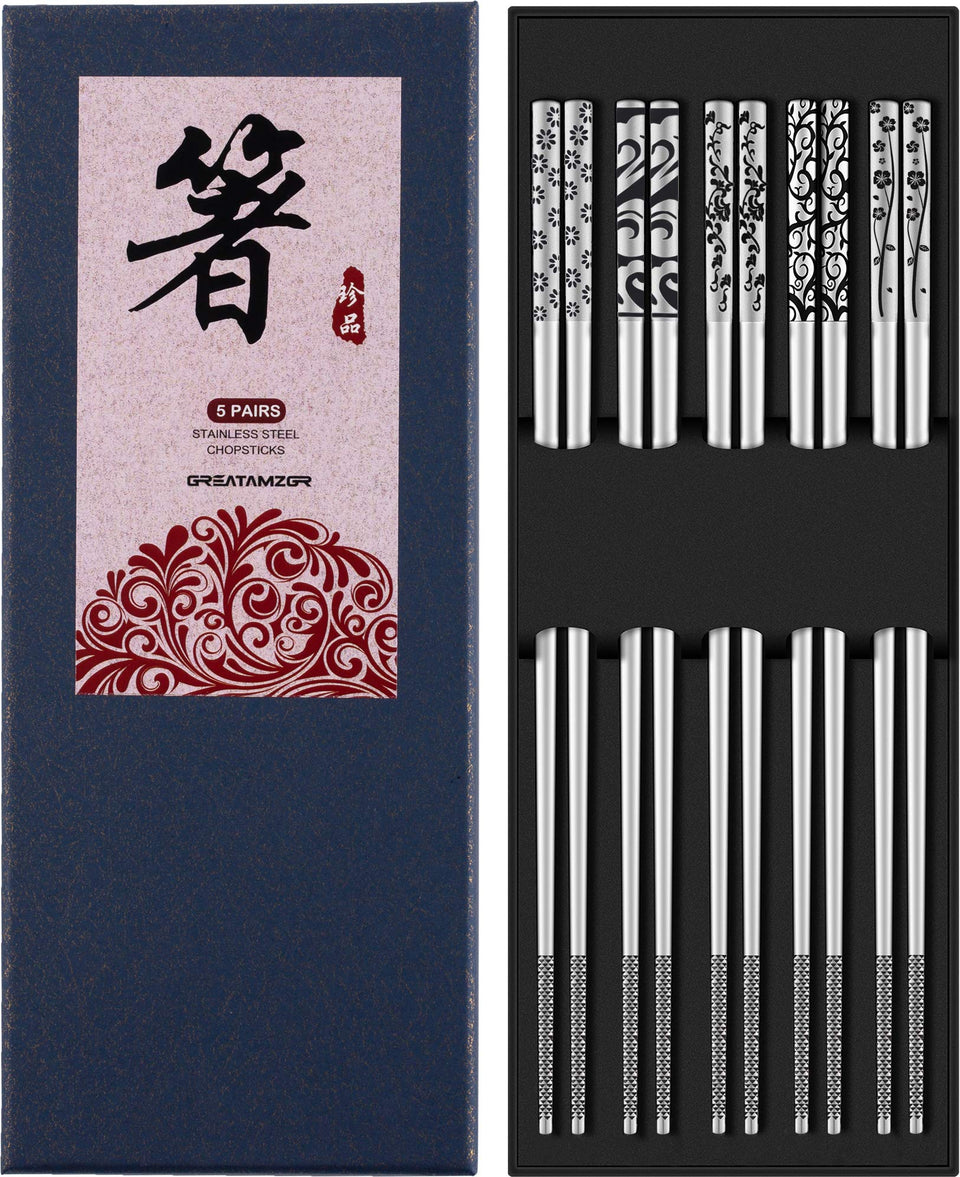 Greatamzor metal chopsticks with square engraved pattern for stylish dining