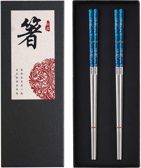 Greatamzor titanium plated chopsticks in blue and silver, durable reusable design.