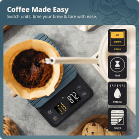 Greater Goods coffee scale bloom timer demonstrates optimal extraction timing.