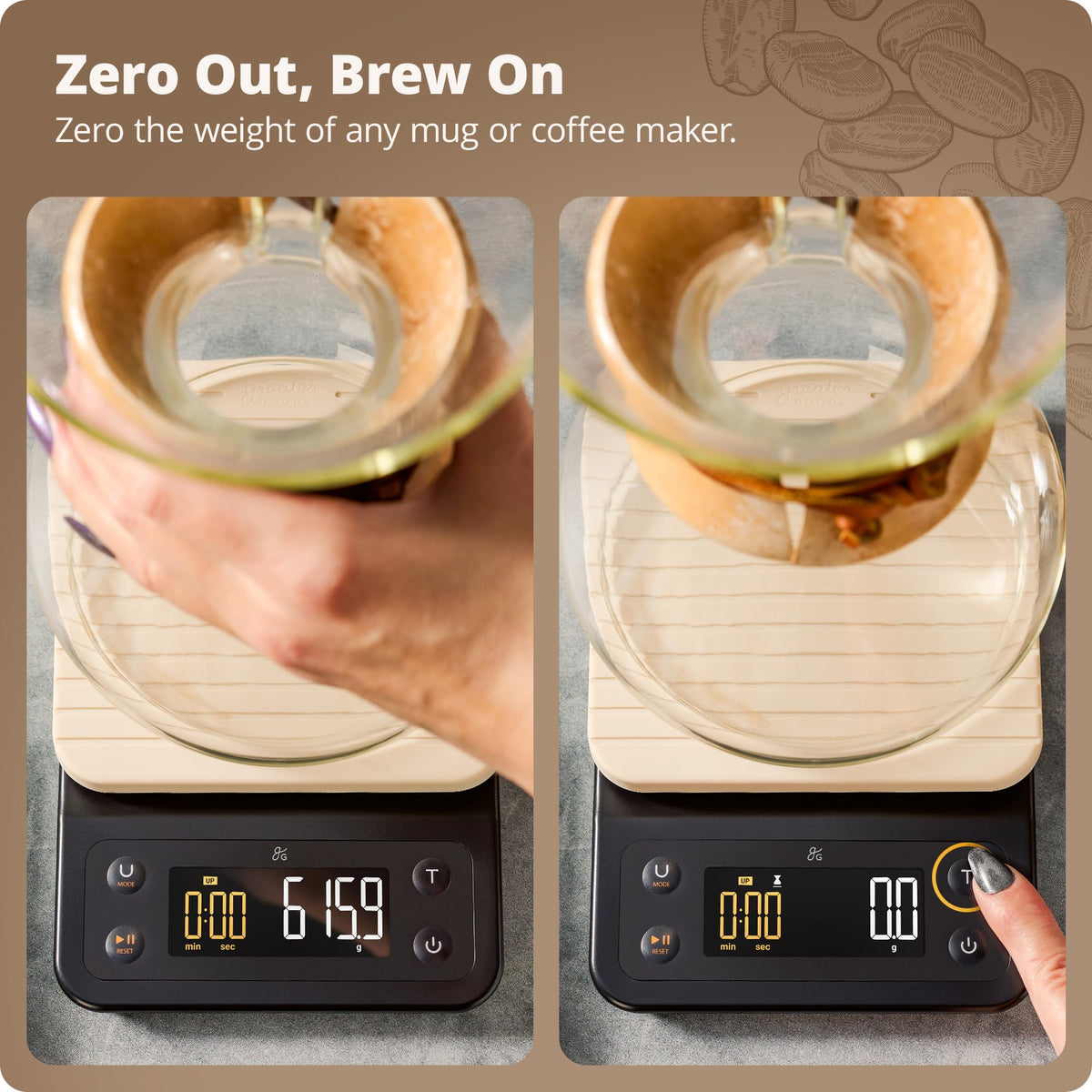 Greater Goods compact coffee scale on kitchen counter with a clear display.