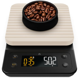 Greater Goods coffee scale with digital display for precise pour-over measurements.