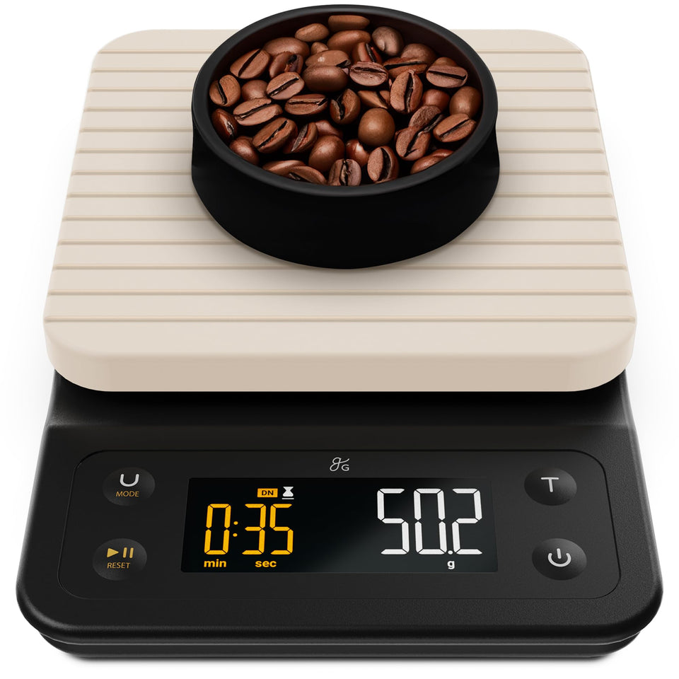 Greater Goods coffee scale with digital display for precise pour-over measurements.