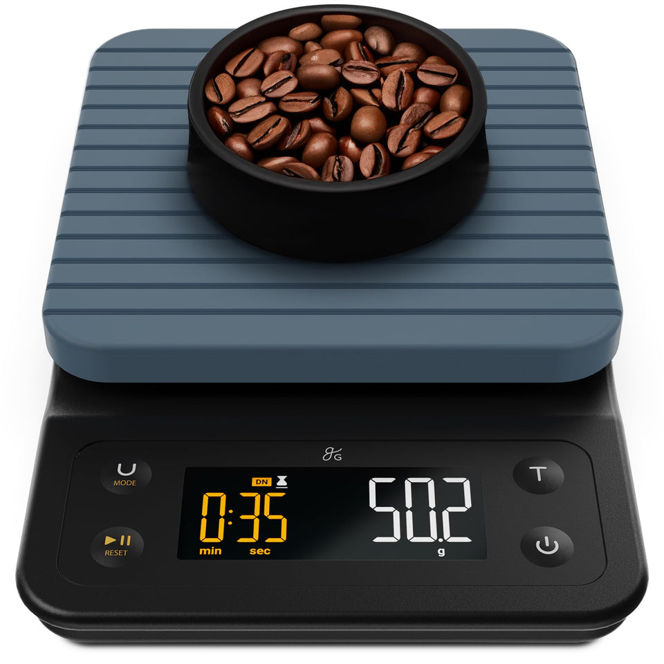 Greater Goods coffee scale display readout enables precise pour-over measurements.