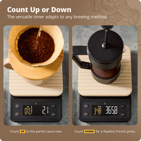 Greater Goods coffee scale demonstrating quick-tare and multiple unit options for beans and liquids.