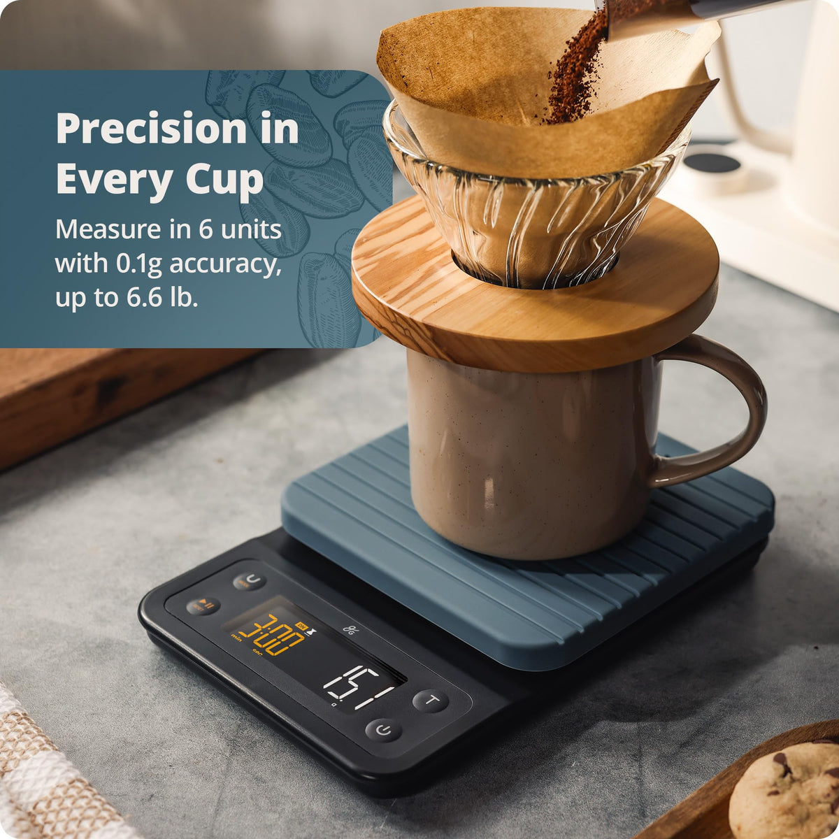 Greater Goods coffee scale silicone cover protects the surface from spills.