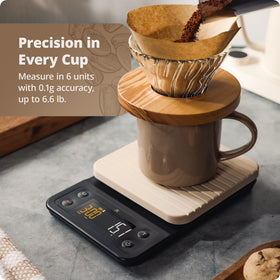 Greater Goods coffee scale with spill-resistant cover stabilizing your brew setup.