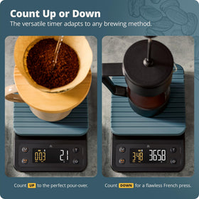 Greater Goods coffee scale spill-safe surface keeps counters clean during brew.