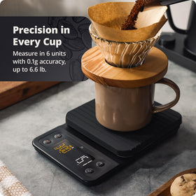 Greater Goods scale with brew settings for bloom timing and extraction control
