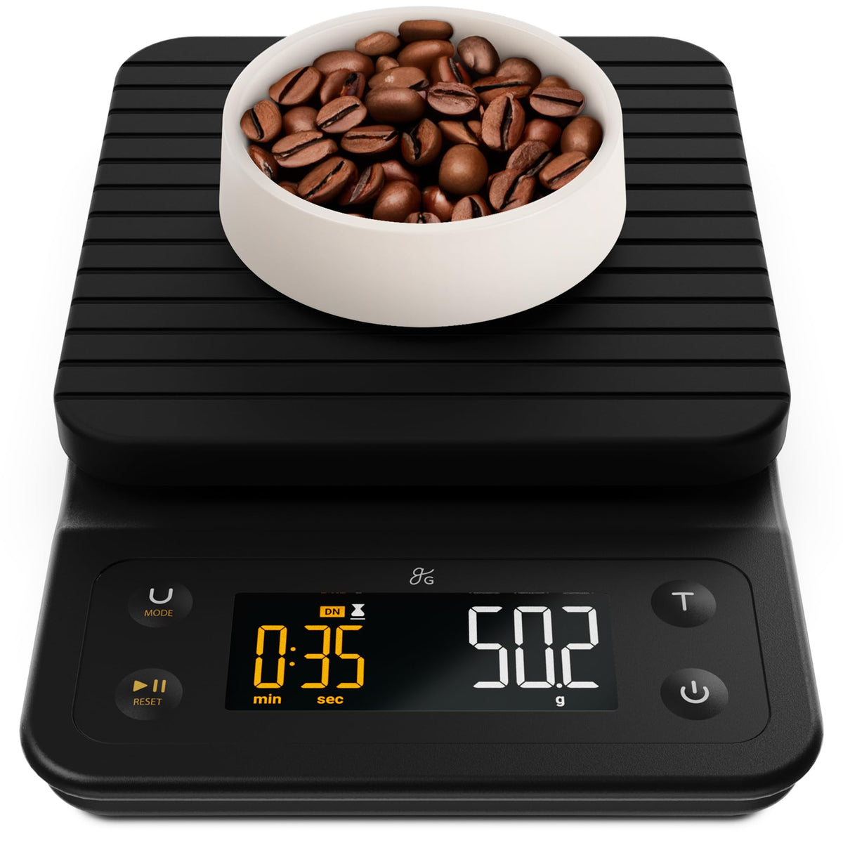 Greater Goods coffee scale with timer, top-view showing precise measurement for pour-over