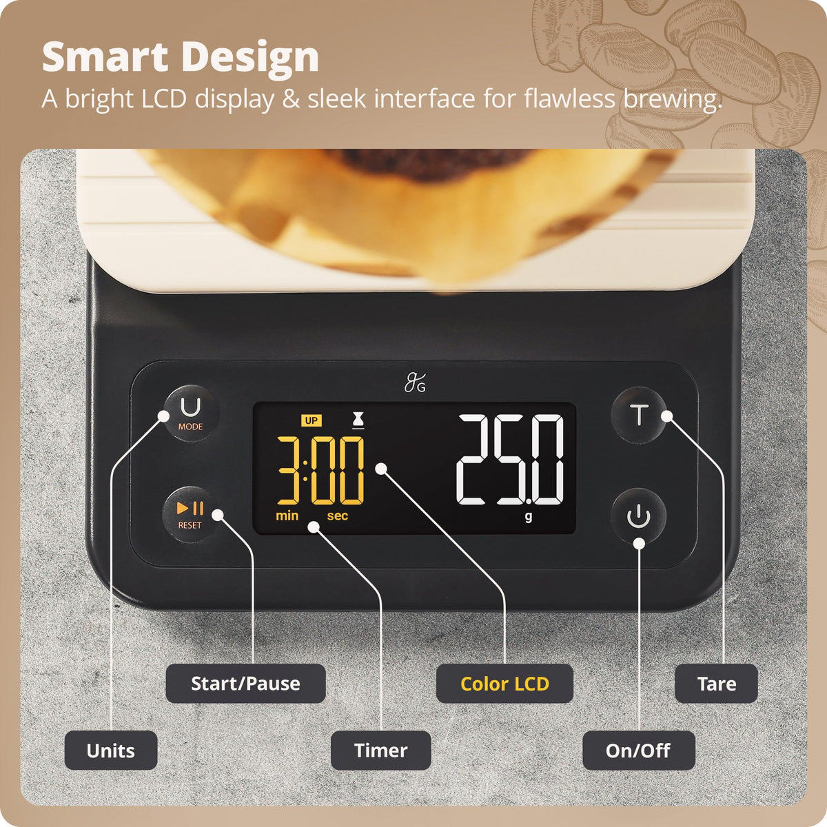 Greater Goods coffee scale with waterproof cover protecting the surface during use.