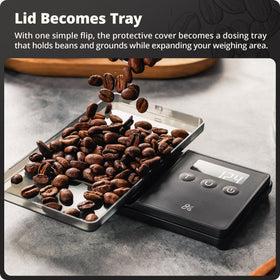 Greater Goods digital espresso scale backlit display for easy visibility in low light