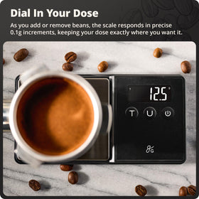 Greater Goods digital espresso scale lid tray in use catching grounds during weighing