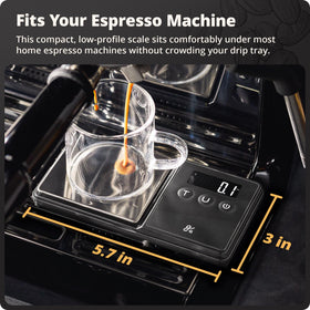 Greater Goods digital espresso scale side view highlighting compact footprint