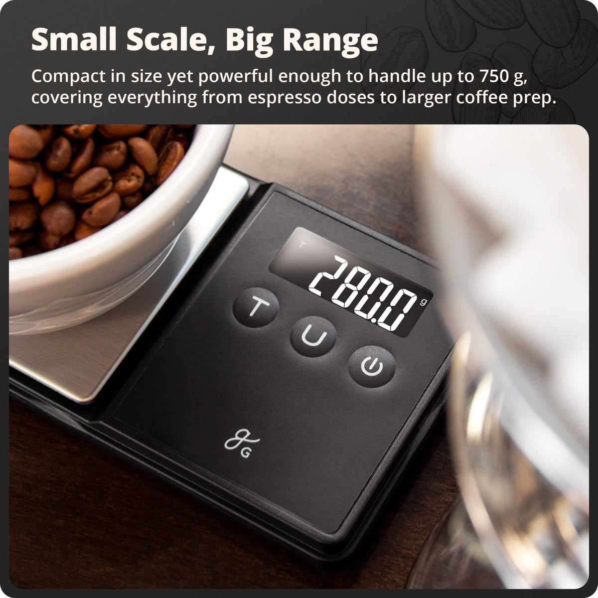 Greater Goods digital espresso scale with six measurement units on display