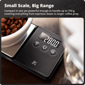 Greater Goods digital espresso scale with six measurement units on display