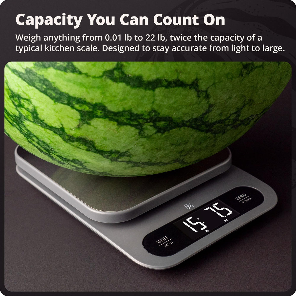 Greater Goods digital food scale shows 1 g precision for accurate recipe measuring.