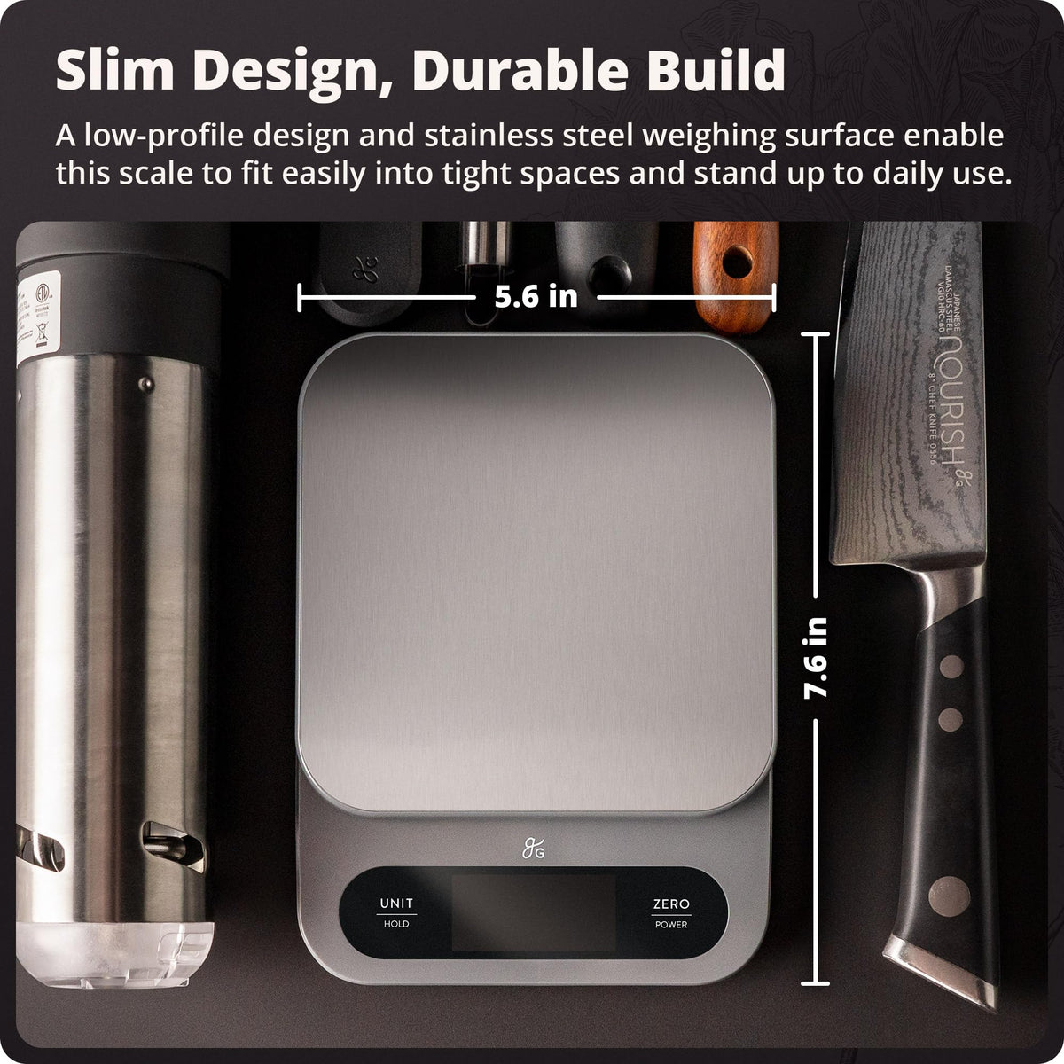 Greater Goods scale demonstrates 22 lb capacity for bulk cooking and batch prep.